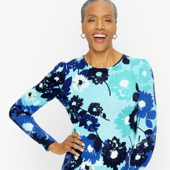 Talbots Puff Sleeve Abstract Floral Lightweight Sweater - Size S - Picture 1 of 6